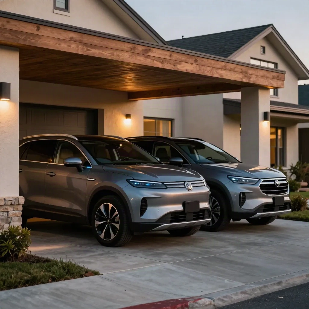 Dvě rodinná SUV stojí pod carportem u domu za teplého večera.