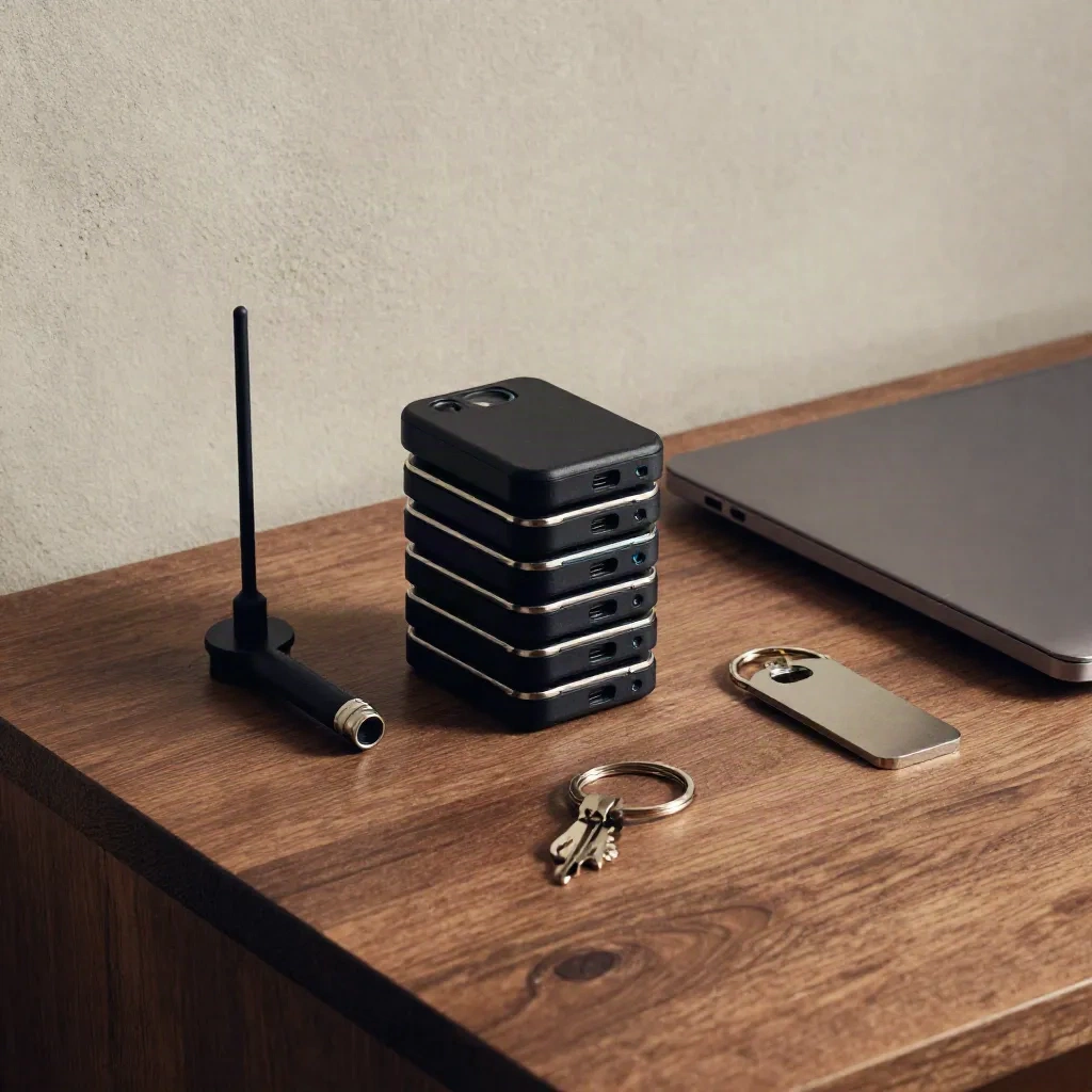 Tracker moduly, klíčenky a anténní základna u zavřeného notebooku na dřevěném stole.