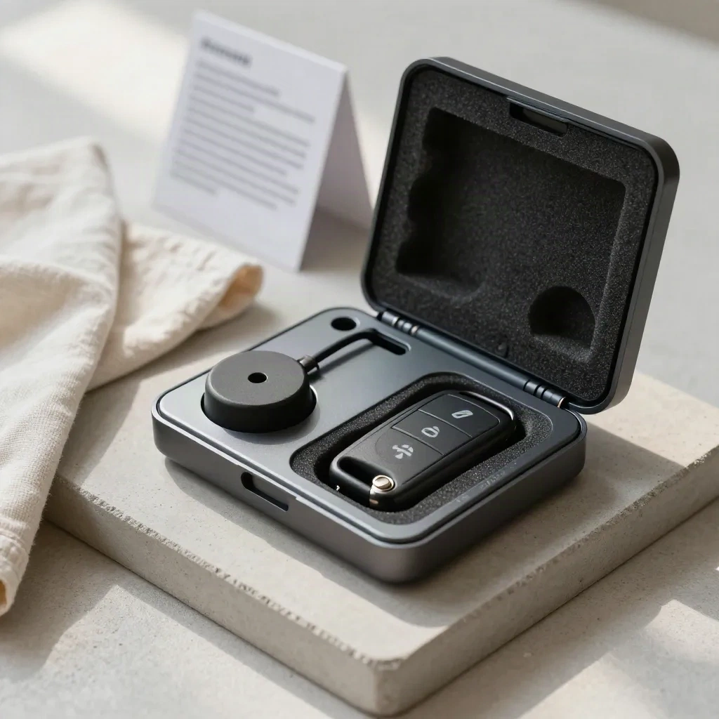 Otevřený GPS kit s modulem, anténou a klíčenkou ve stínované pěně.