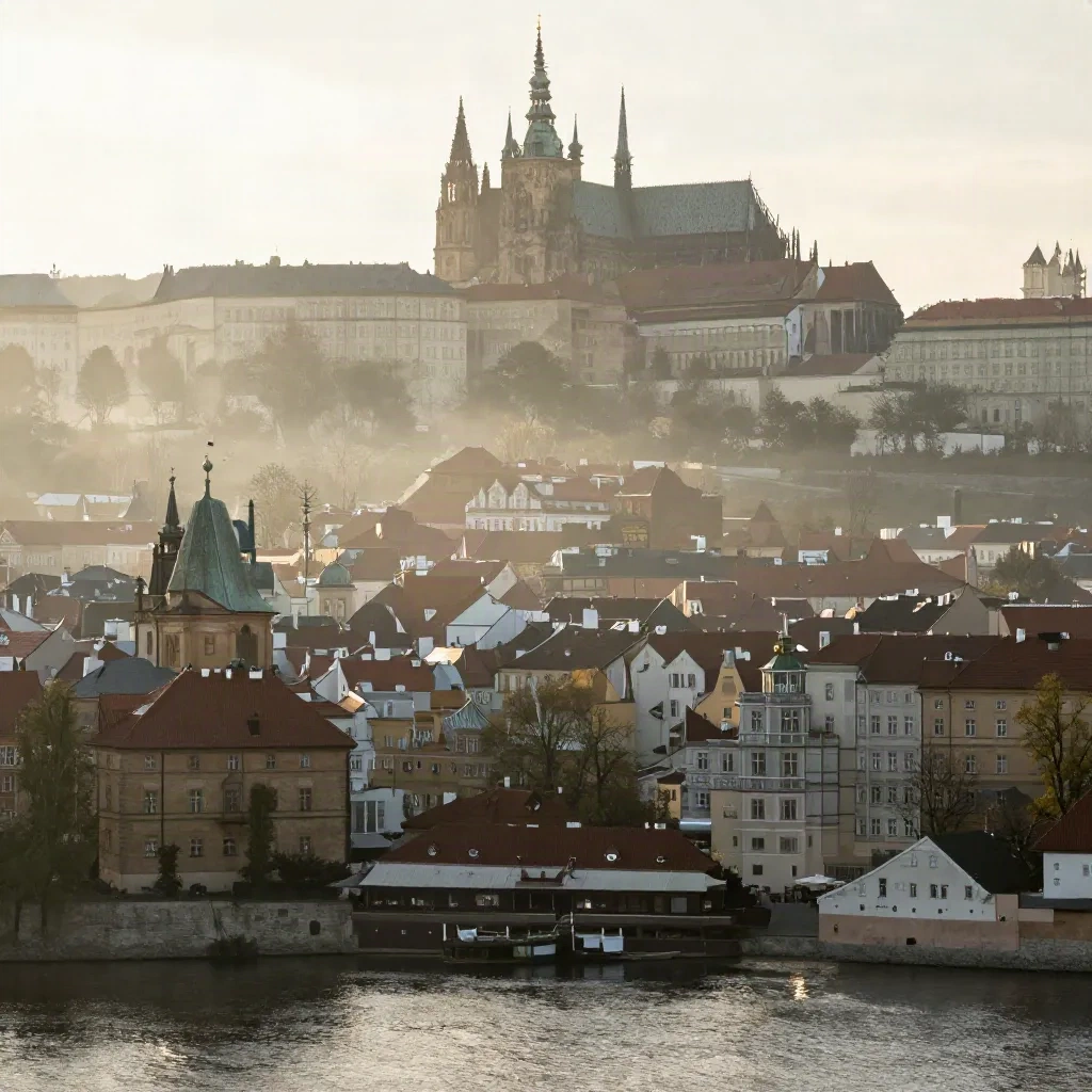 Pražské panorama s Hradčany nad Vltavou v ranní mlze, spodní část klidná pro text.